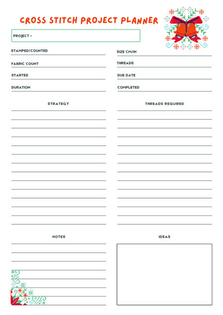 Cross Stitch Project Planner sheet